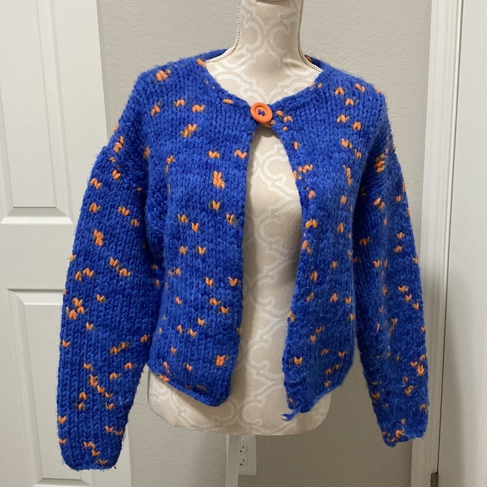 Hand crocheted knitted blue orange open wool thick cardigan Small Blue Orange - Picture 8 of 11